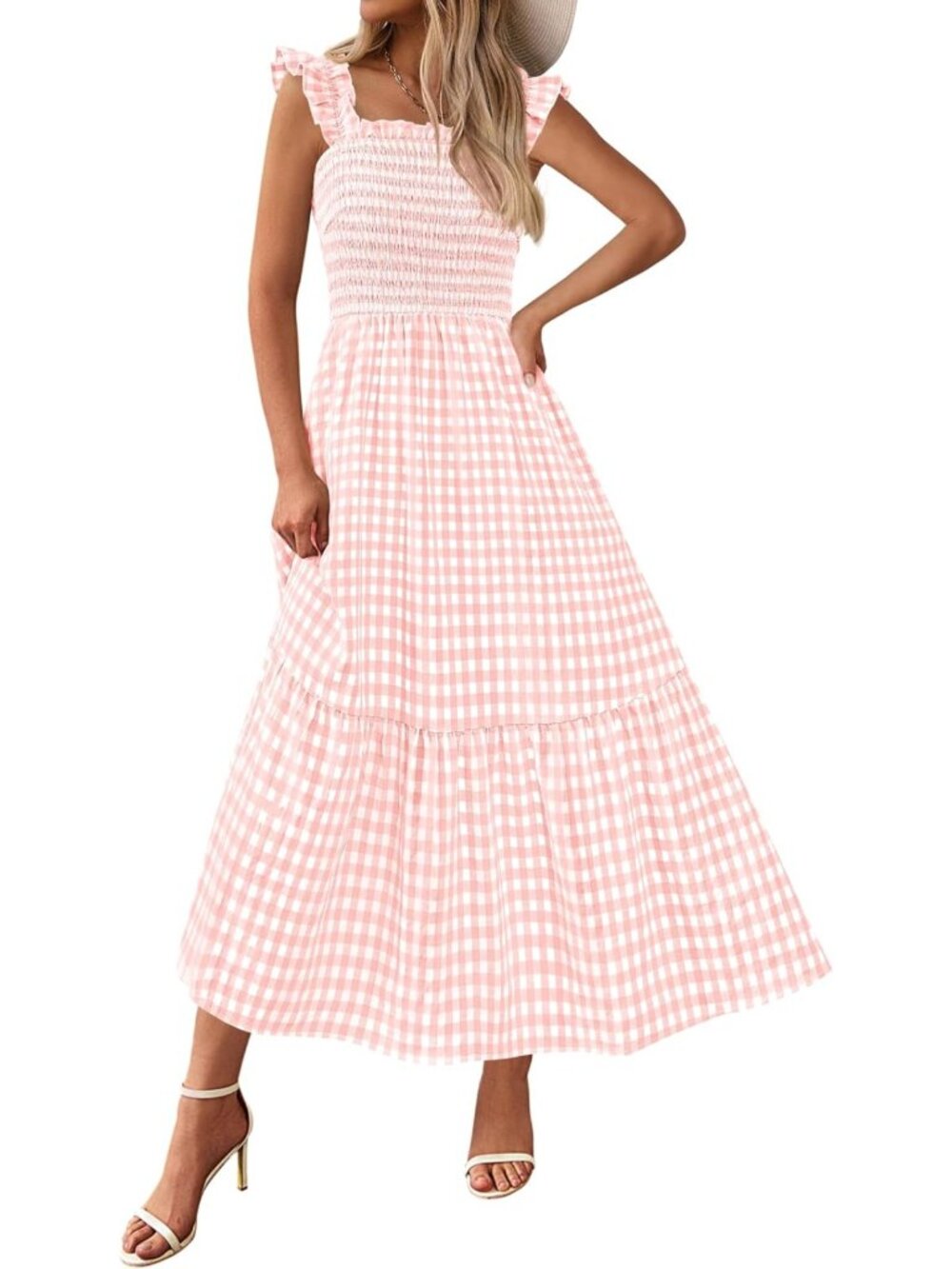 Summer Ruffle Strap Gingham Midi Dress - Casual Boho Chic Sundress for Women